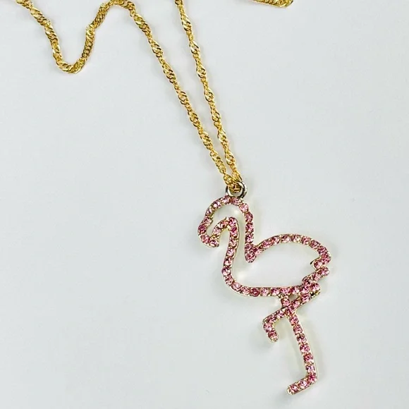 🔴🔴 NEW Pink Flamingo Rhinestone Necklace Chain Necklace Pink - Picture 1 of 13